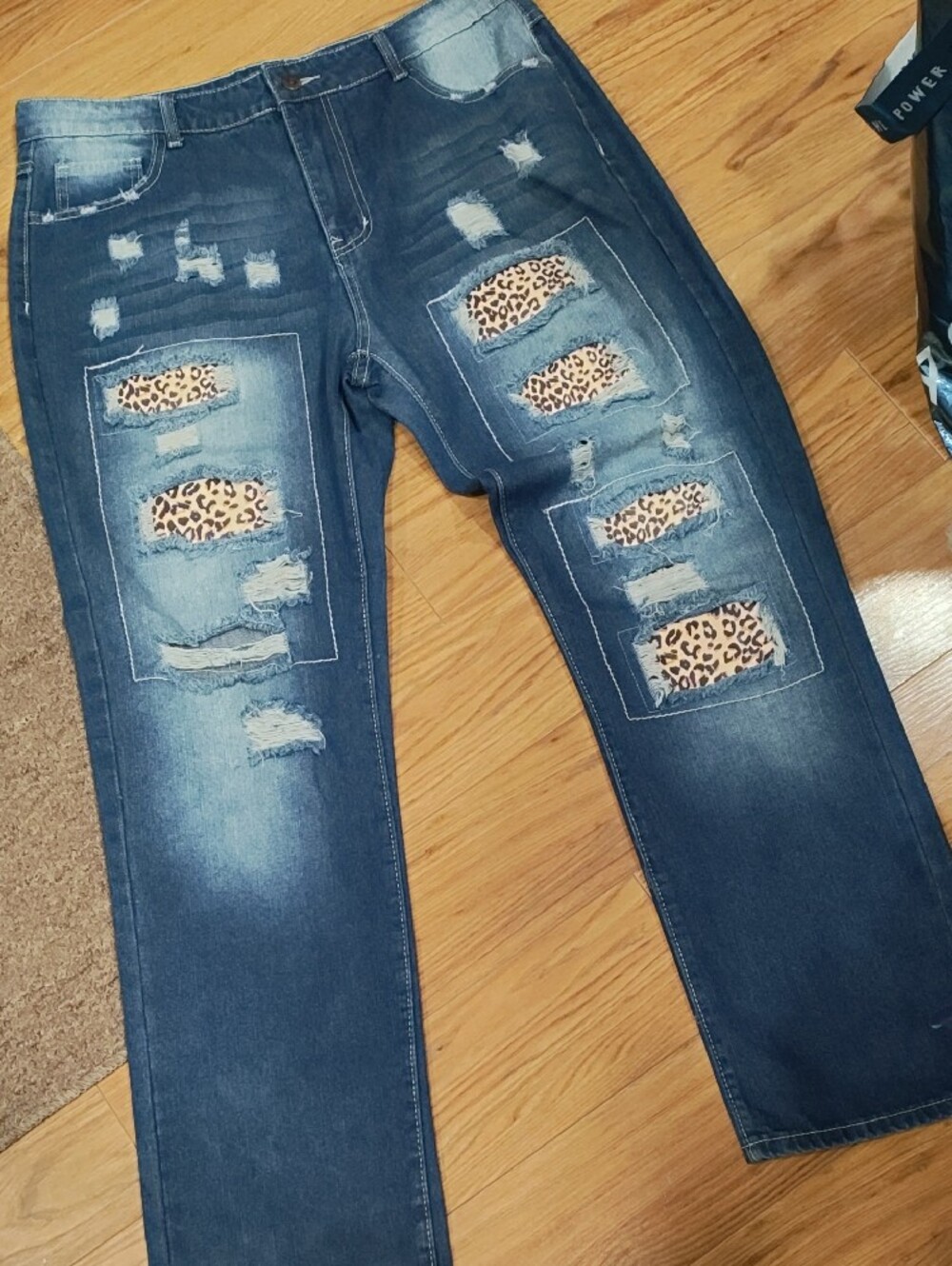 Source Unknown Dark Blue Distressed Boyfriend Jeans with Leopard Inserts - Picture 4 of 7